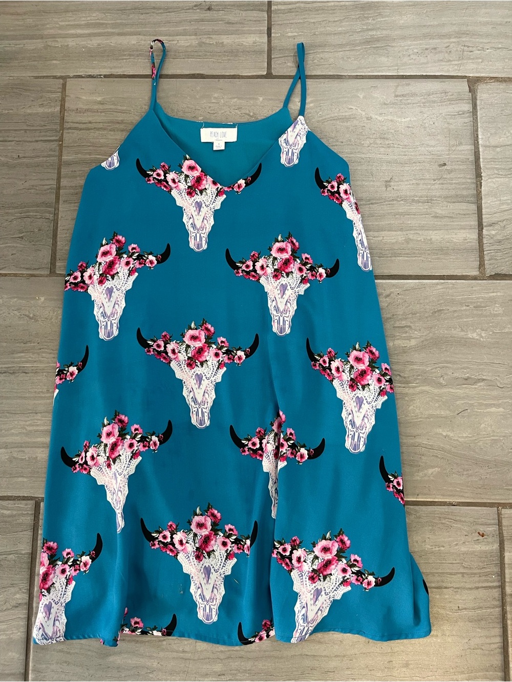 Teal Floral Steer-Print Slip Dress